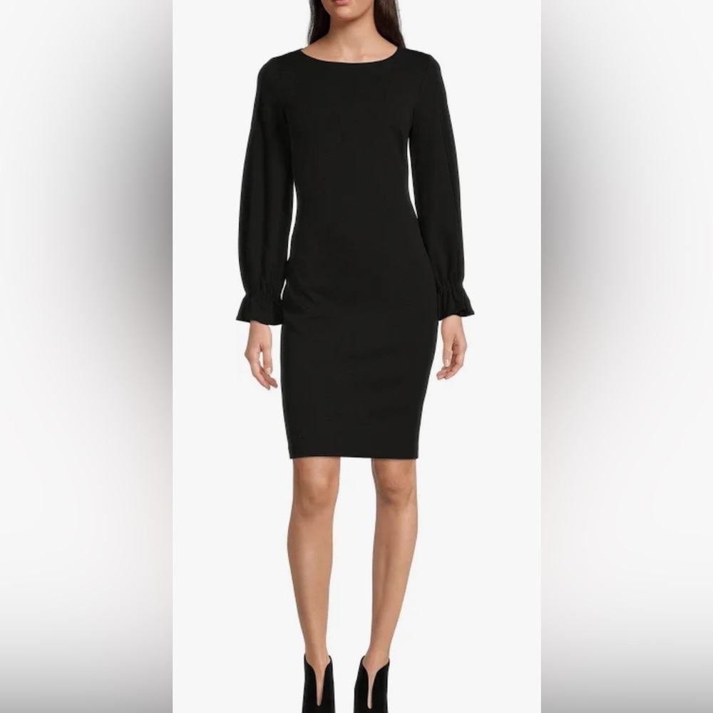 Calvin Klein Solid Black Sheath Dress w/ Long Blouson Ruffle Sleeves